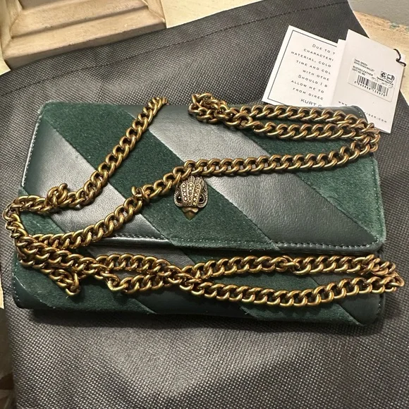 Kurt Geiger Soho Wallet on a Chain Crossbody Dark Green Suede and Leather - Picture 12 of 13